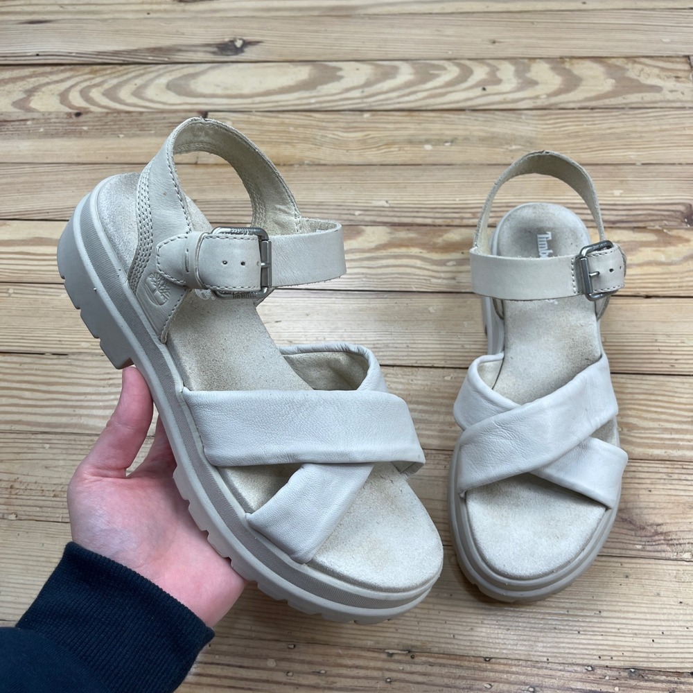 Timberland Adley Way Cross Strap Platform‎ Sandals Bone Off-White Leather Size 8